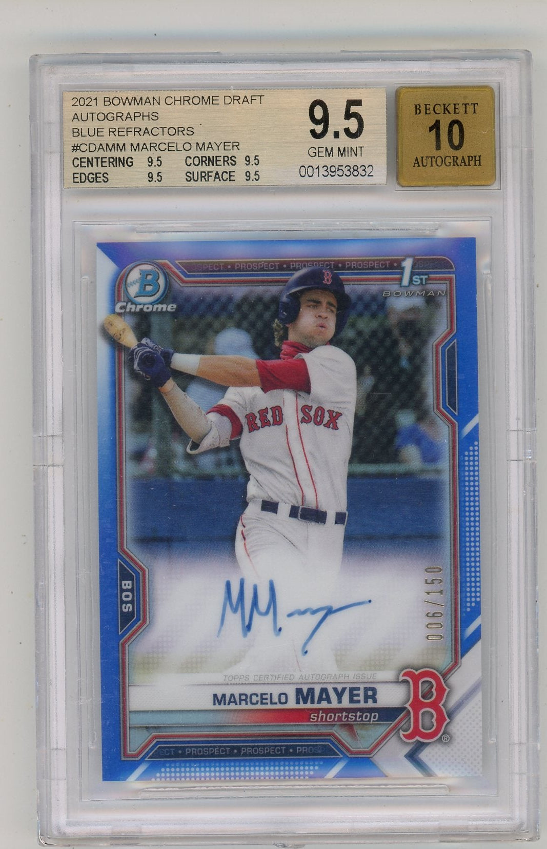 Marcelo Mayer 2021 Bowman Chrome Draft 1st Bowman Auto Blue #’d 006/150 BGS 9.5