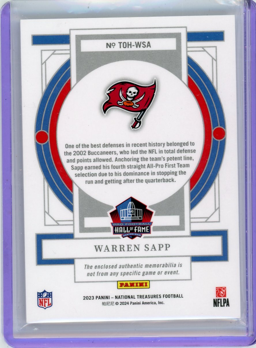 Warren Sapp 2023 Panini National Treasures Treasures of the Hall Relic Tag and Shield #'d 1/1