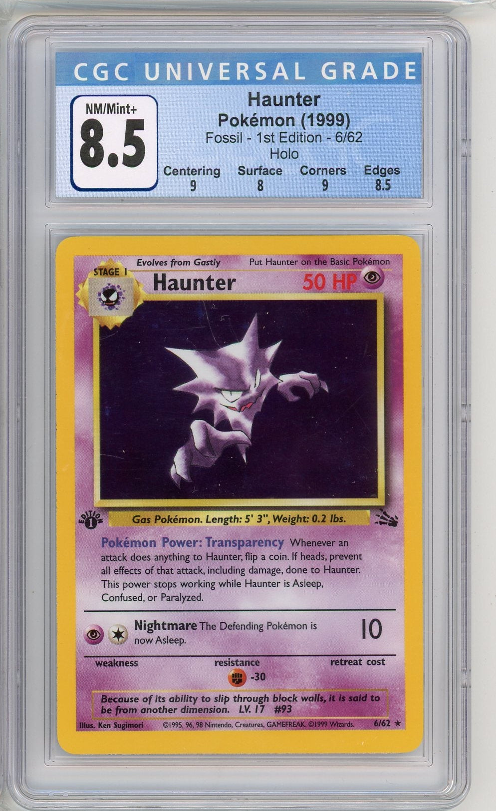 Haunter 1999 Pokemon Fossil 1st Edition holo #8/62 CGC 8.5
