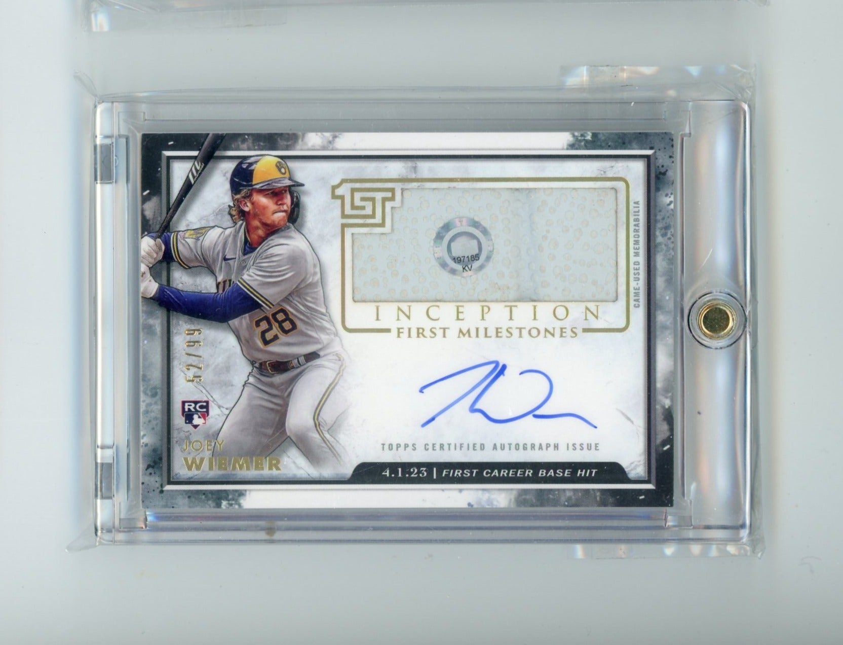 Joey Wiemer 2023 Topps Inception First Milestones base relic autograph rookie card #'d 52/99