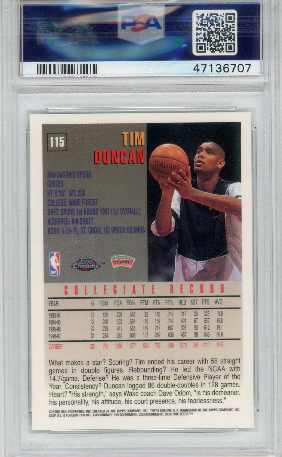 Tim Duncan 1997-98 Topps Chrome RC #115 PSA 9