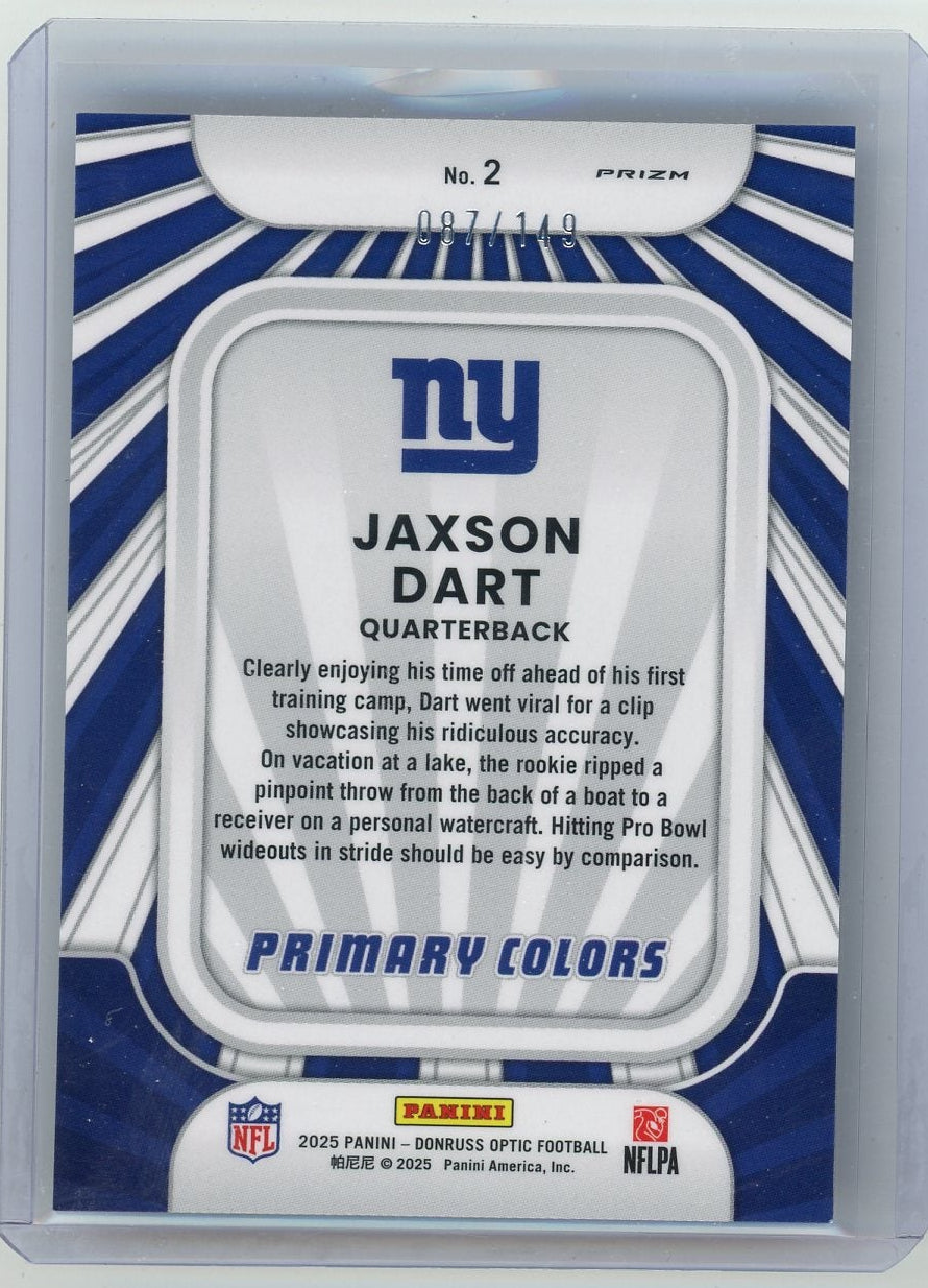 Jaxson Dart 2025 Panini Donruss Optic Primary Colors Black Pandora RC #'d 087/149
