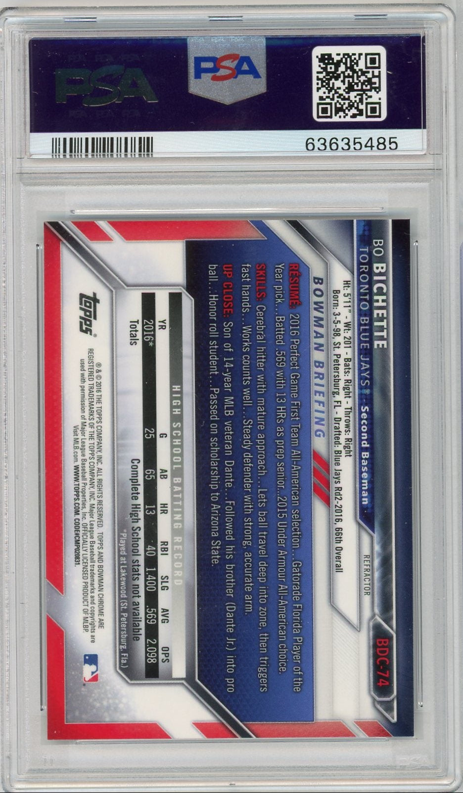 Bo Bichette 2016 1st Bowman Draft Chrome refractor PSA 9