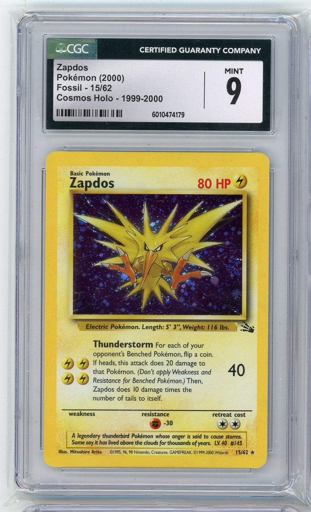 Zapdos 2000 Pokemon Fossil Cosmos Holo #15/62 CGC 9