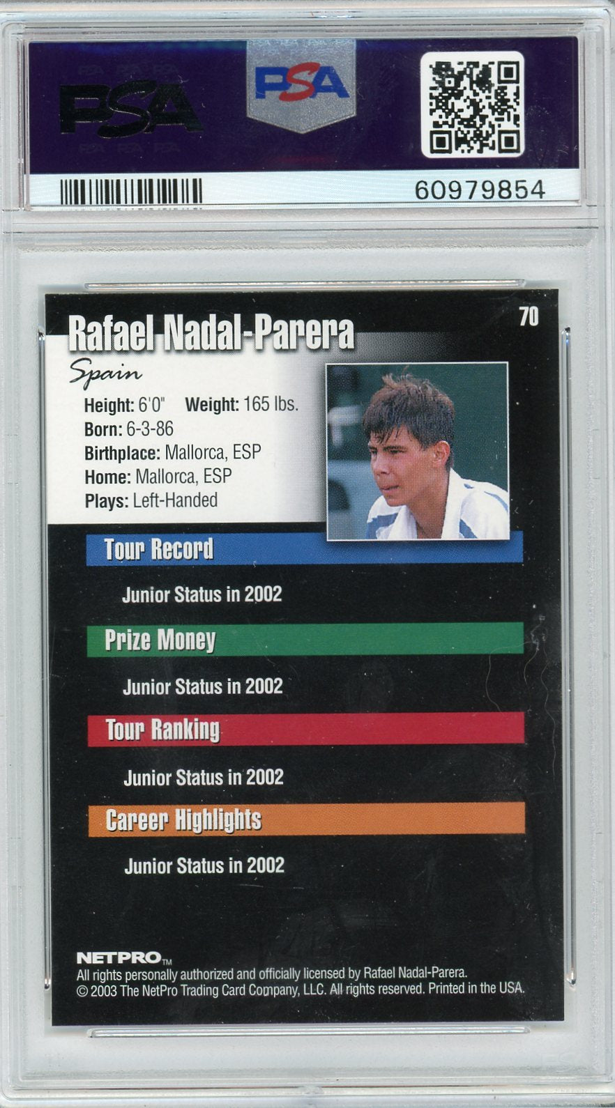 Rafael Nadal 2003 NetPro rookie card #70 PSA 9