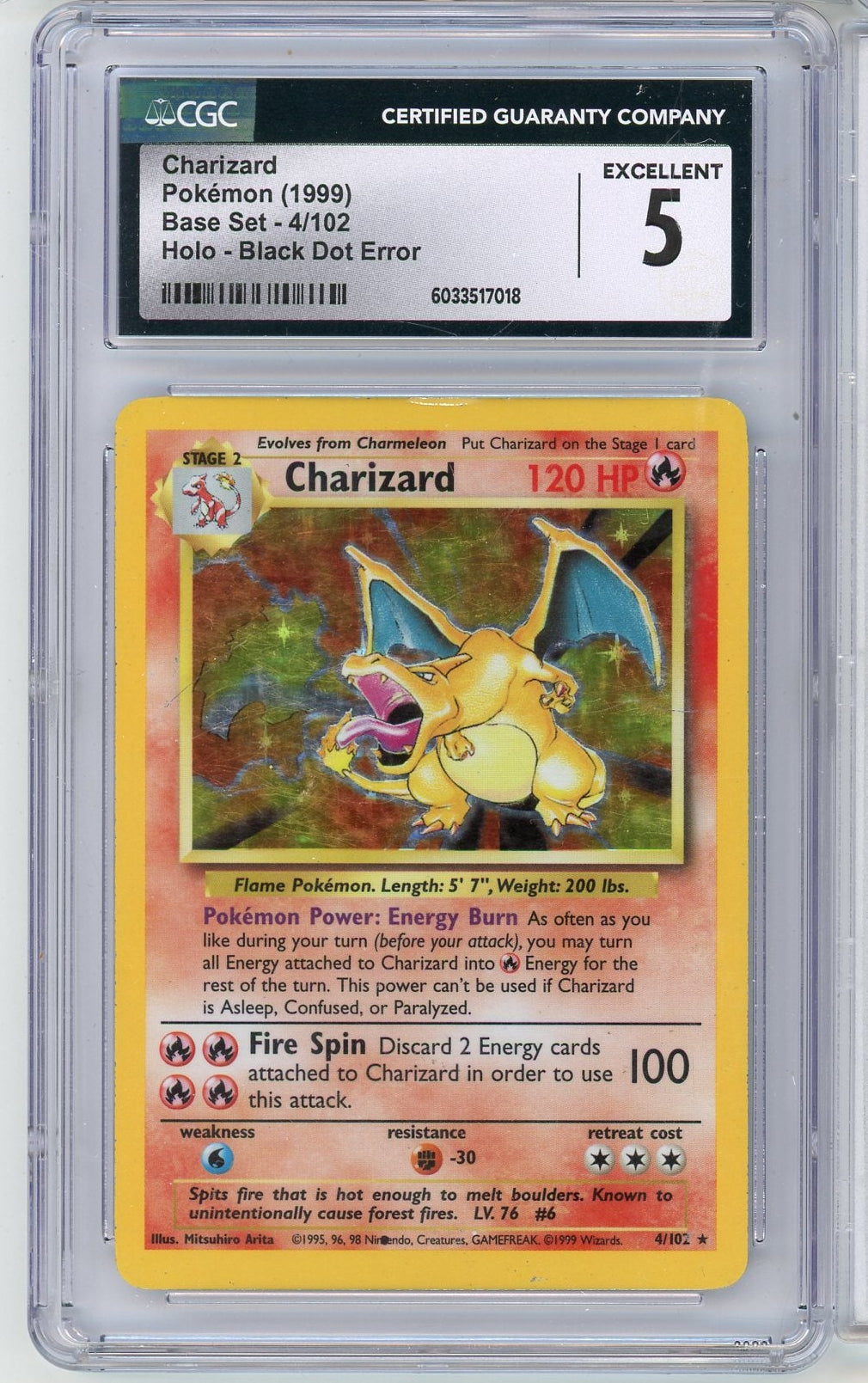 Charizard 1999 Pokemon Base Set Holo - Black Dot Error #4/102 CGC 5