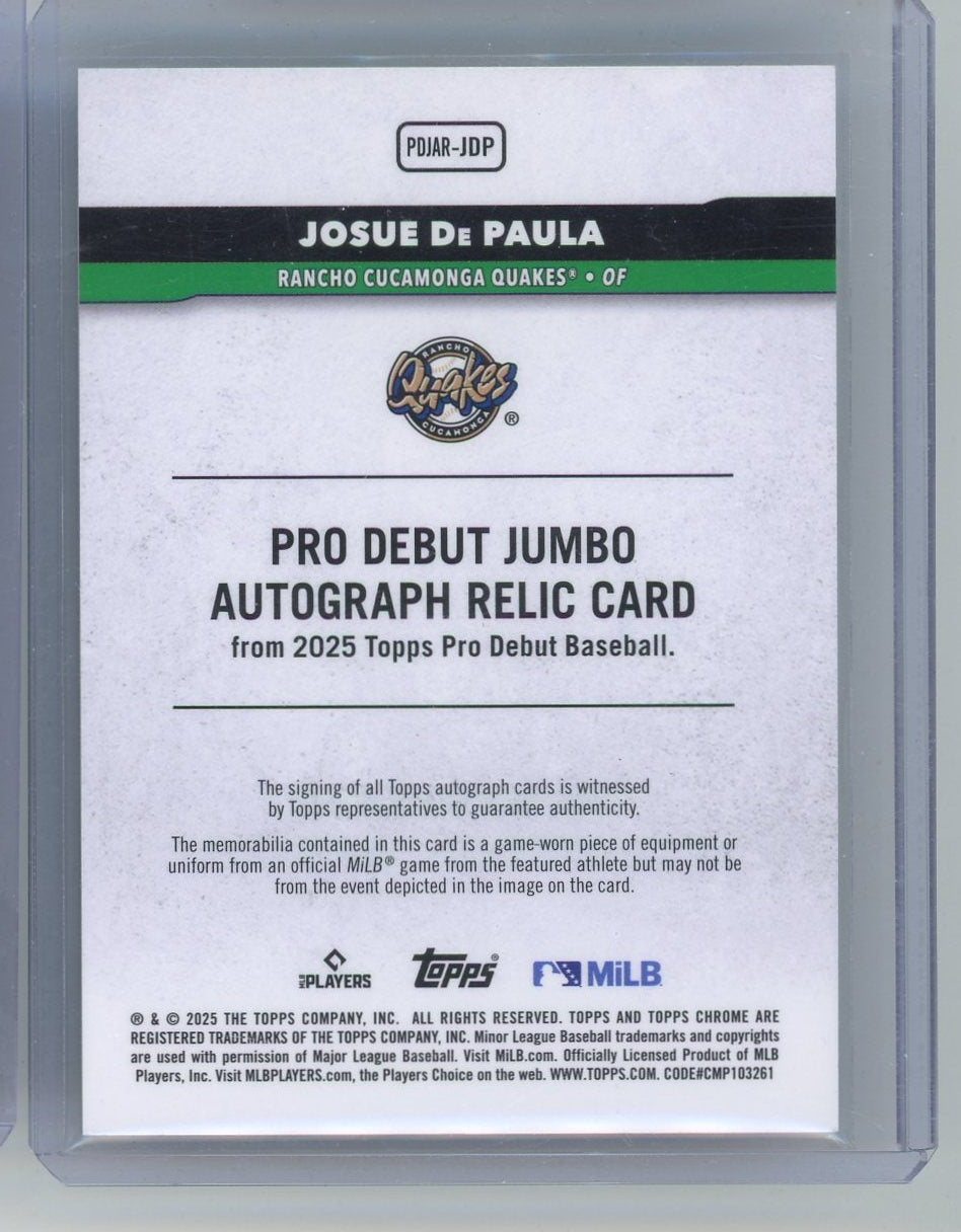 Josue De Paula 2025 Topps Pro Debut autograph relic #'d 34/99