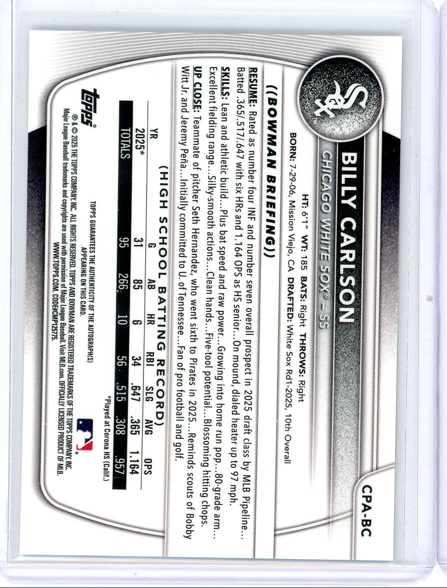 Billy Carlson 2025 Bowman Draft 1st Bowman Mojo Autograph #'d 111/150