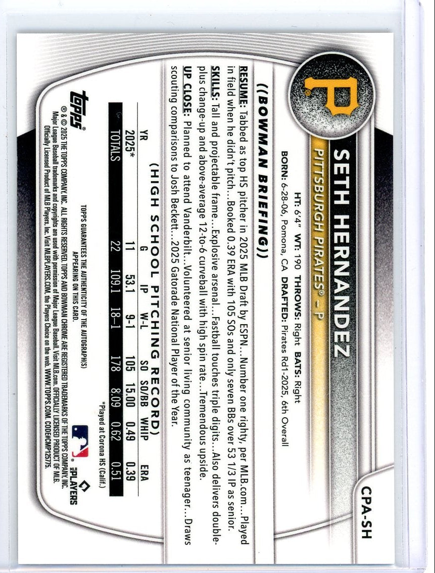 Seth Hernandez 2025 Bowman Draft 1st Bowman Black X-Fractor Autograph #'d 10/10