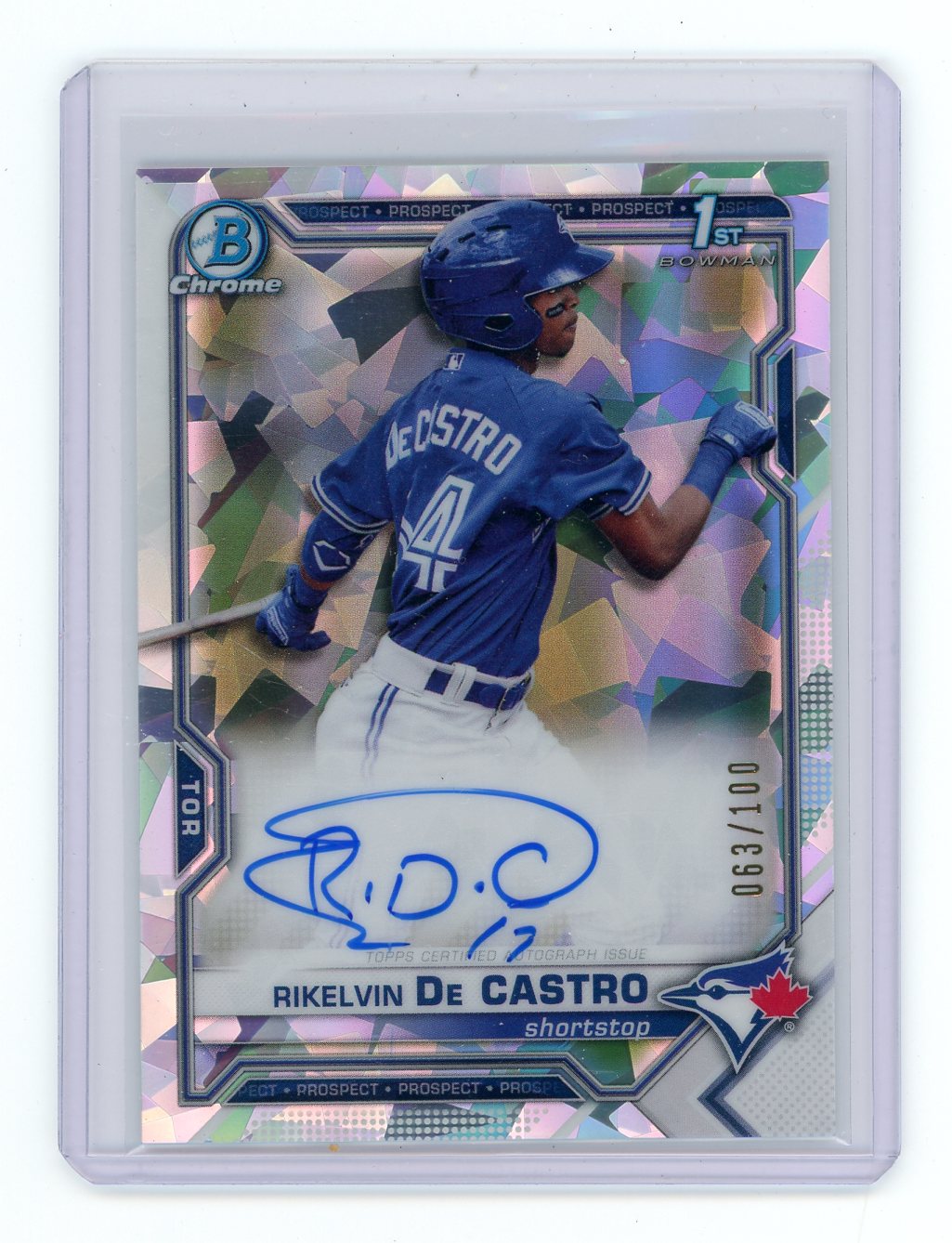 Rikelvin De Castro 2021 1st Bowman Chrome atomic refractor autograph #'d 063/100