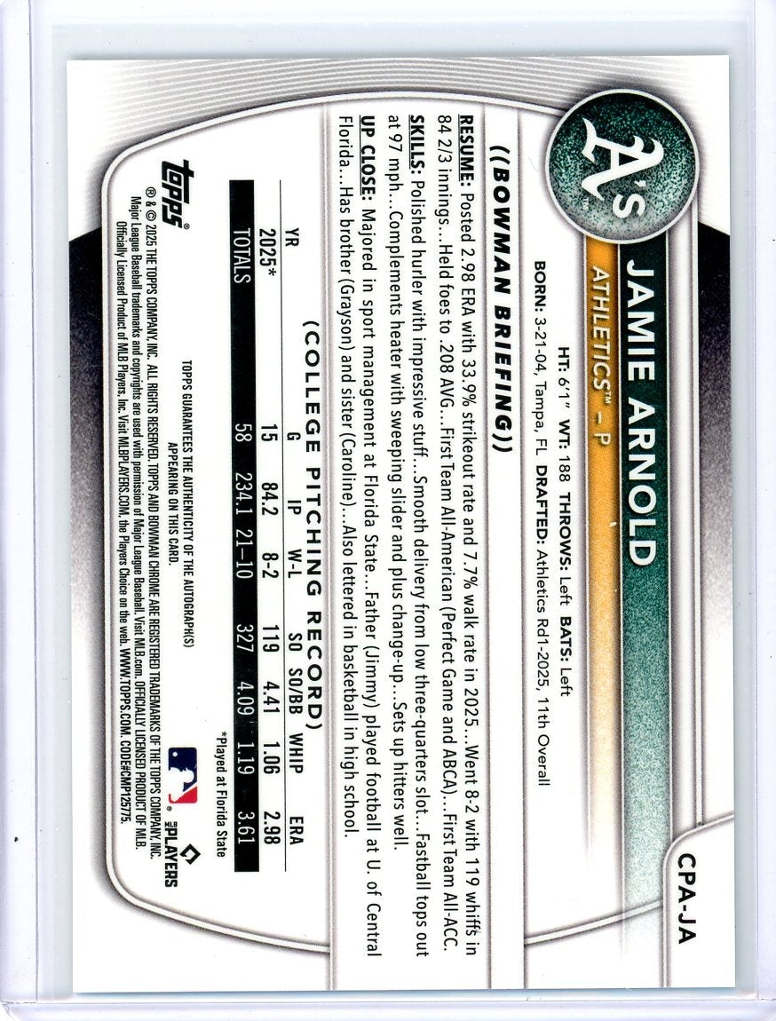 Jamie Arnold 2025 Bowman Draft 1st Bowman Aqua Lava Autograph #'d 131/199
