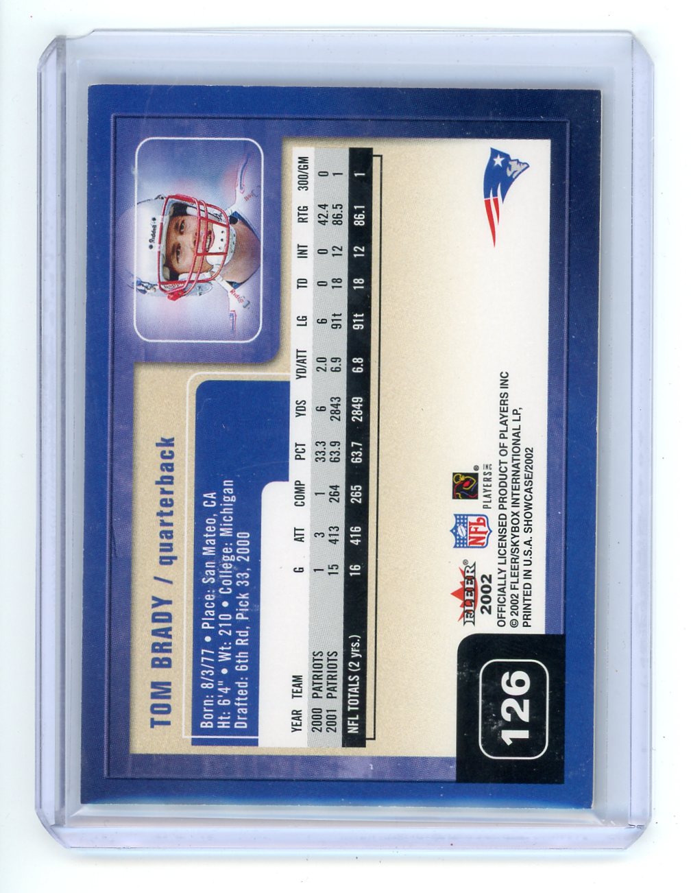 Tom Brady 2002 Fleer Showcase Avantcard 2nd Year #126