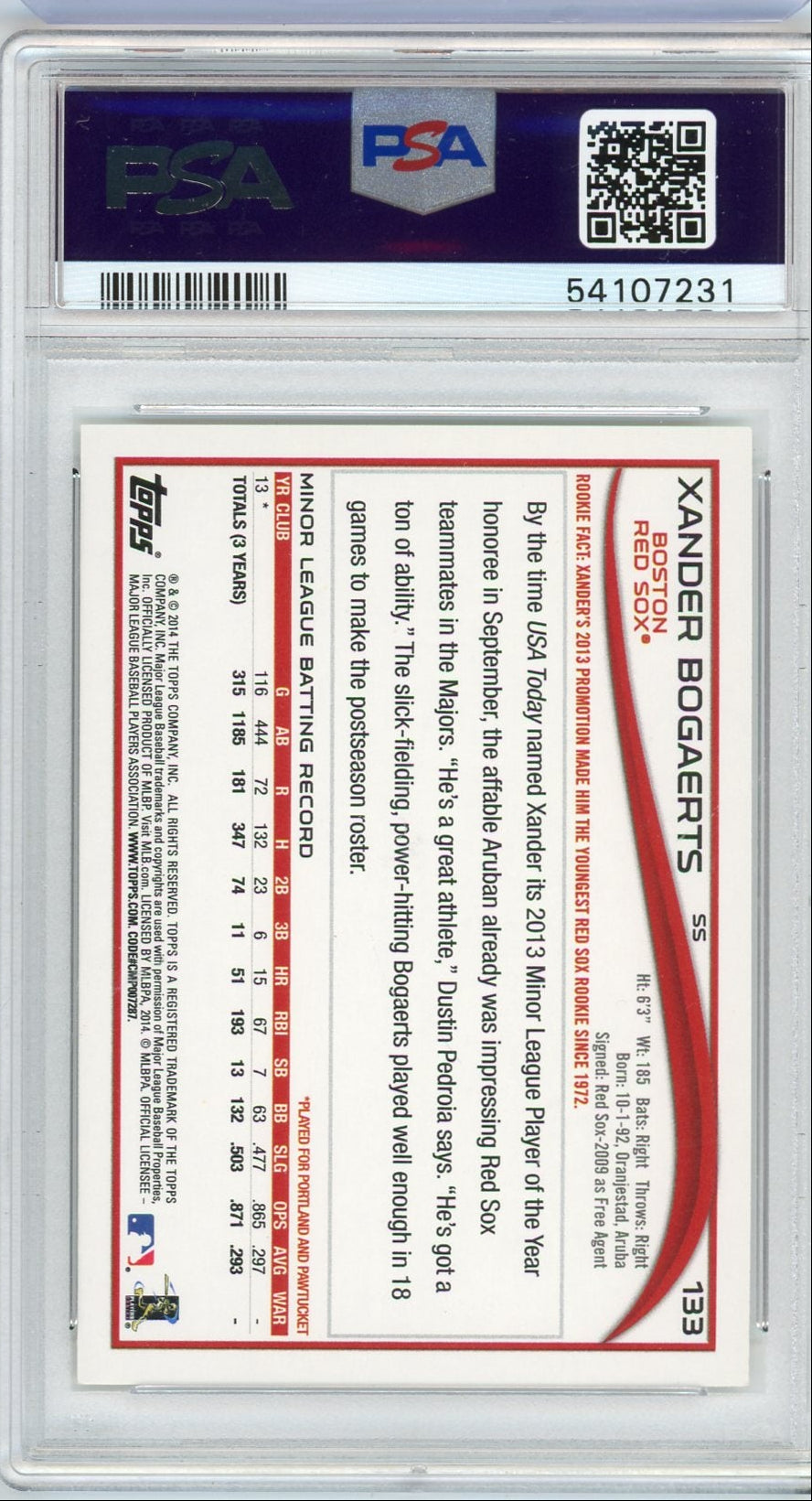 Xander Bogaerts 2014 Topps (No Sparkle) #133 rookie card PSA 9