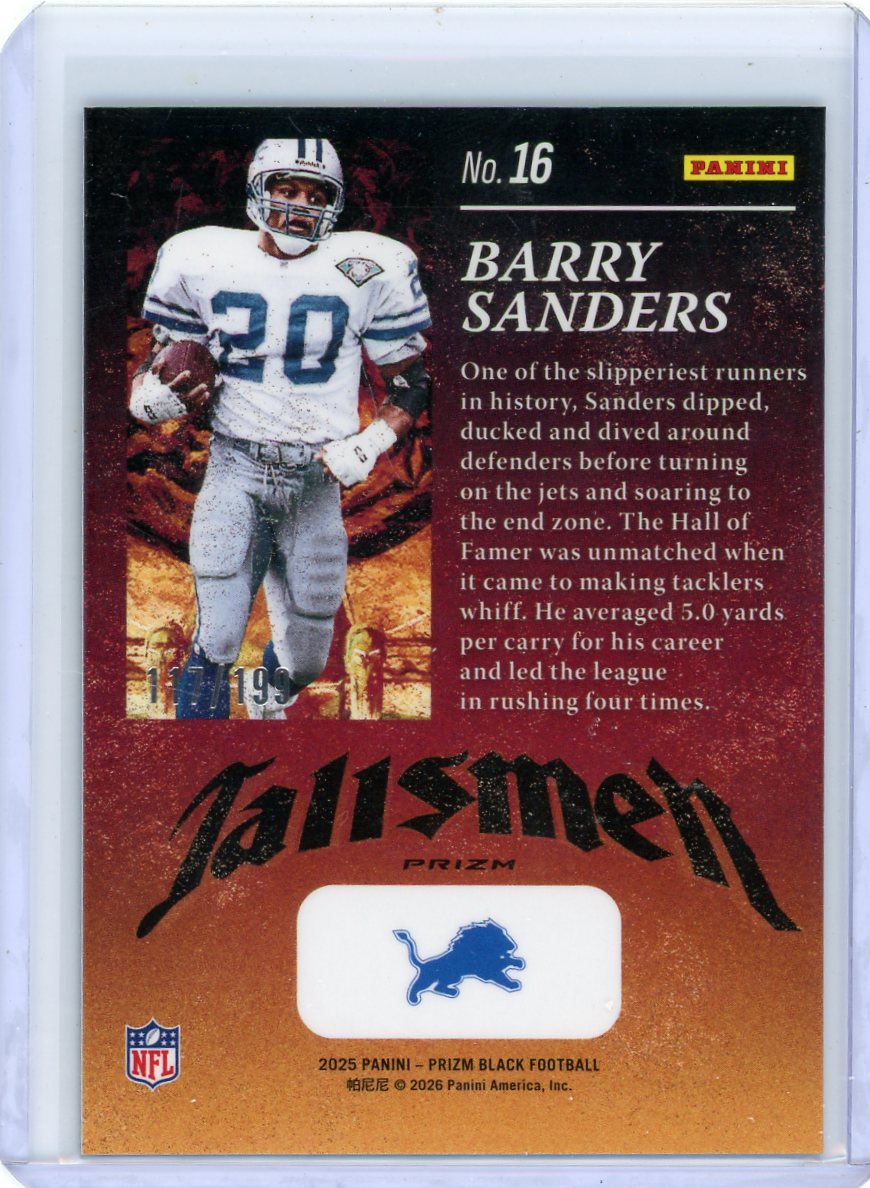 Barry Sanders 2025 Panini Prizm Black Talismen Blue #'d 117/199