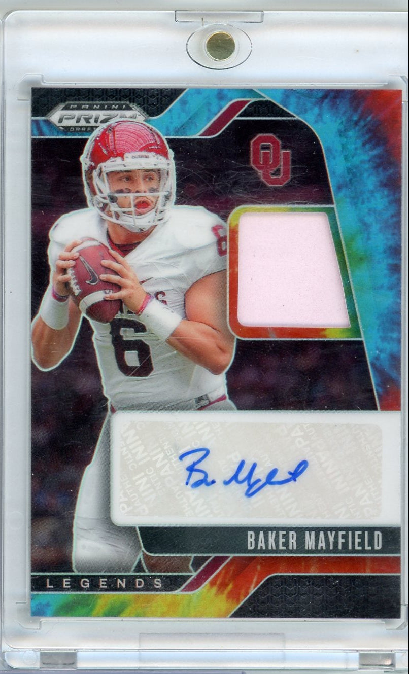 Baker Mayfield 2025 Panini Prizm Draft Picks autograph relic tie-dye prizm #'d 03/25