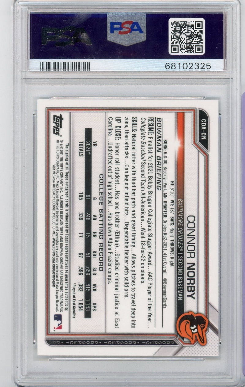 Connor Norby 2021 1st Bowman Draft autograph PSA 10 AUTO AUTH