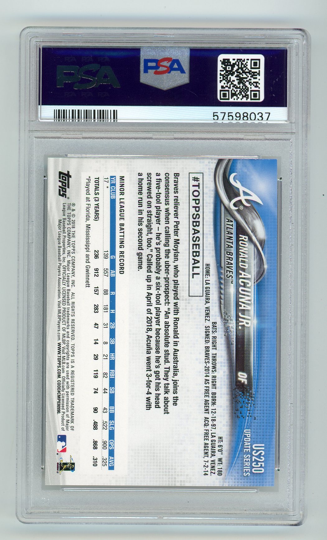 Ronald Acuna Jr. 2018 Topps Update Rainbow Foil #US250 RC Variation PSA 9