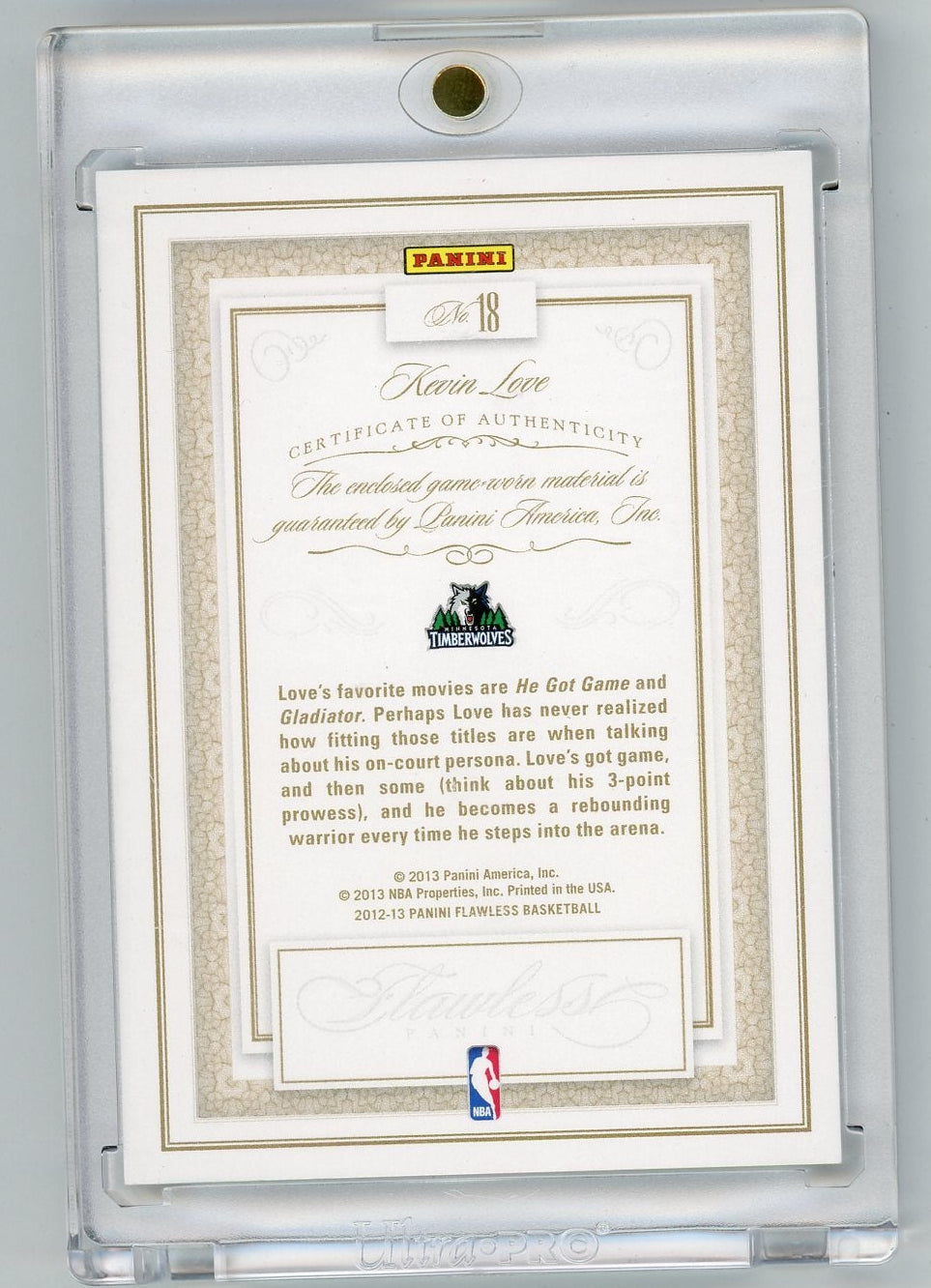 Kevin Love 2012-13 Panini Flawless game-used relic #'d 04/25