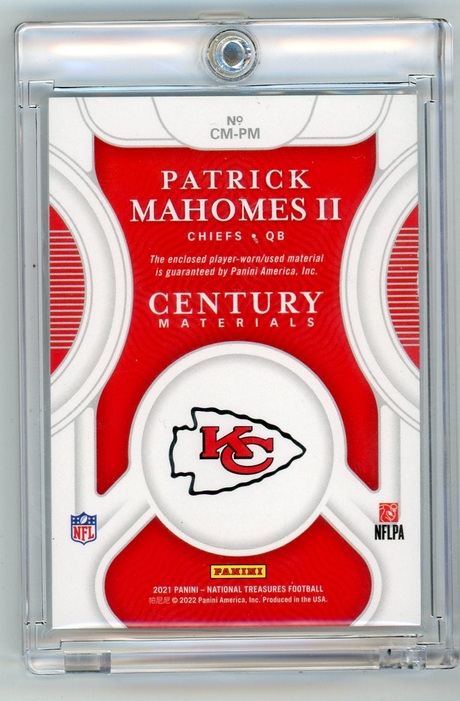 Patrick Mahomes II 2021 Panini National Treasures Century relic #'d 21/25