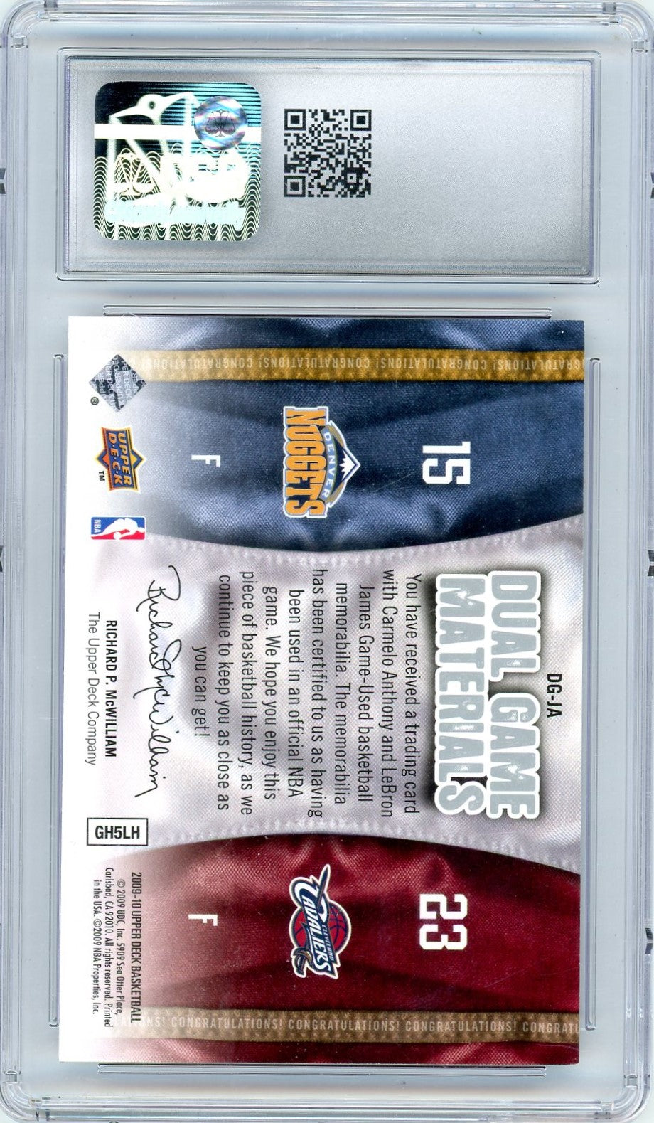 LeBron James / Carmelo Anthony 2009-10 Upper Deck Dual Game Materials CGC 9.5