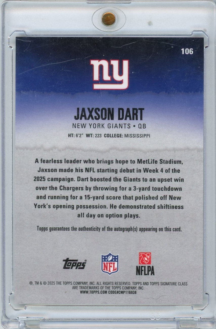 Jaxson Dart 2025 Topps Signature Class Football Rookie Autograph