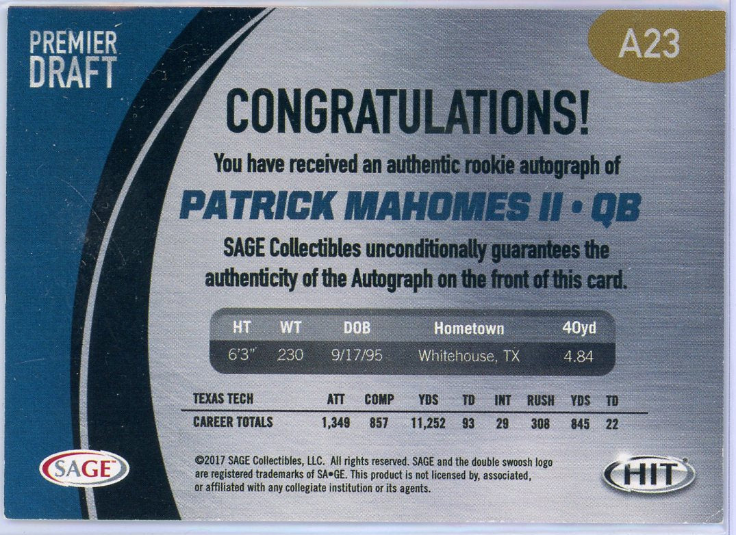 Patrick Mahomes II Sage HIT A23 Rookie Auto #33/250