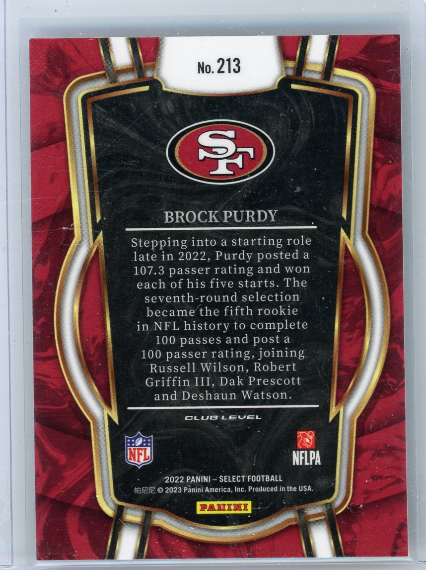 Brock Purdy 2022 Panini Select club level rookie card