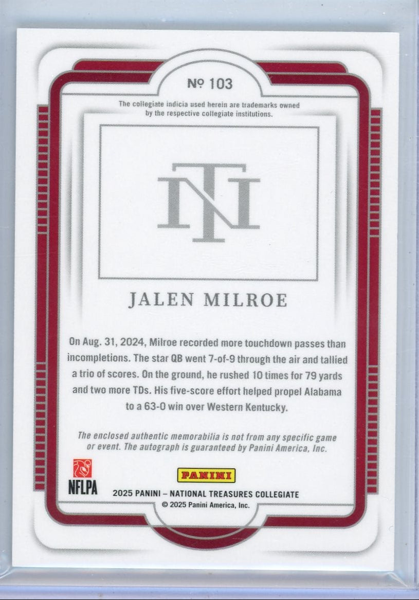 Jalen Milroe 2025 Panini National Treasures Collegiate RPA #'d 05/49