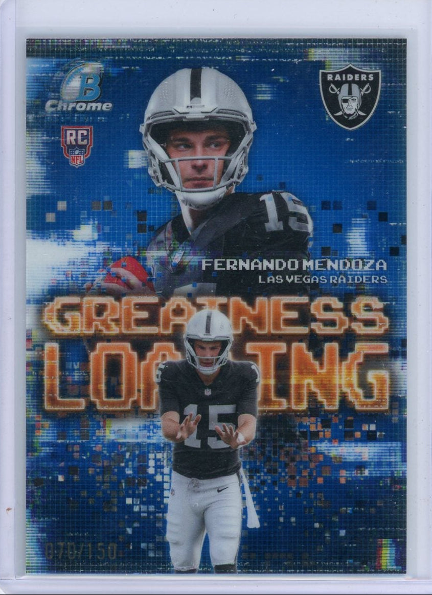 Fernando Mendoza 2026 Bowman Chrome Greatness Loading Rookie Blue #'d 070/150