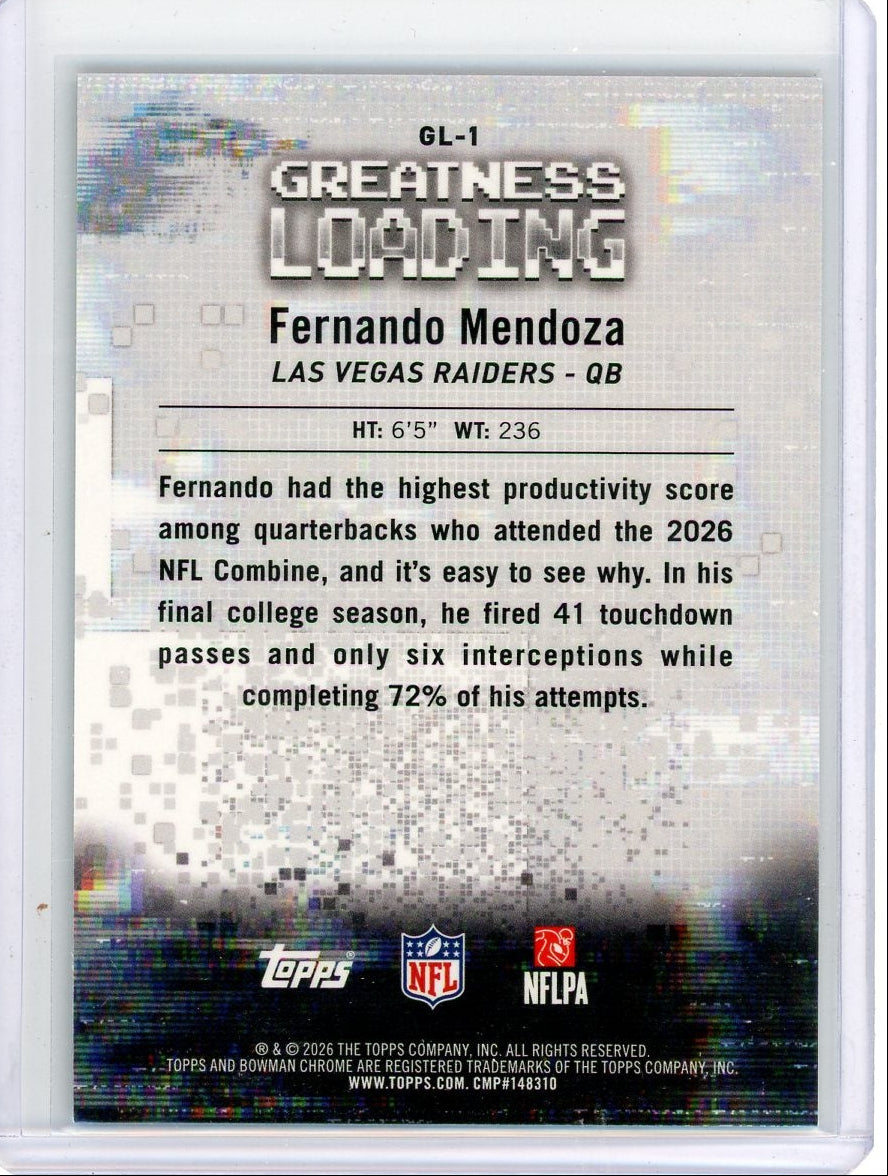 Fernando Mendoza 2026 Bowman Chrome Greatness Loading Rookie Blue #'d 070/150