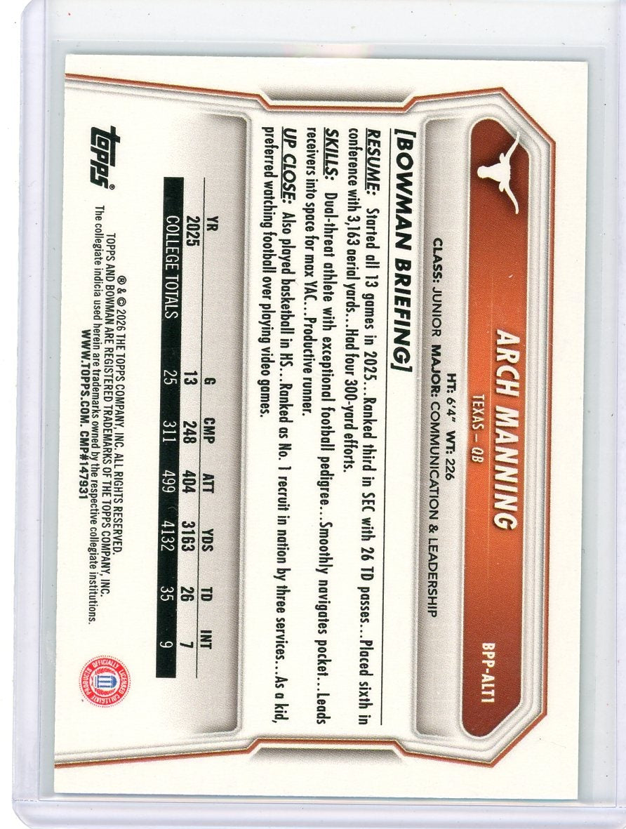 Arch Manning 2026 Bowman 1st Bowman Paper Green #'d 08/99