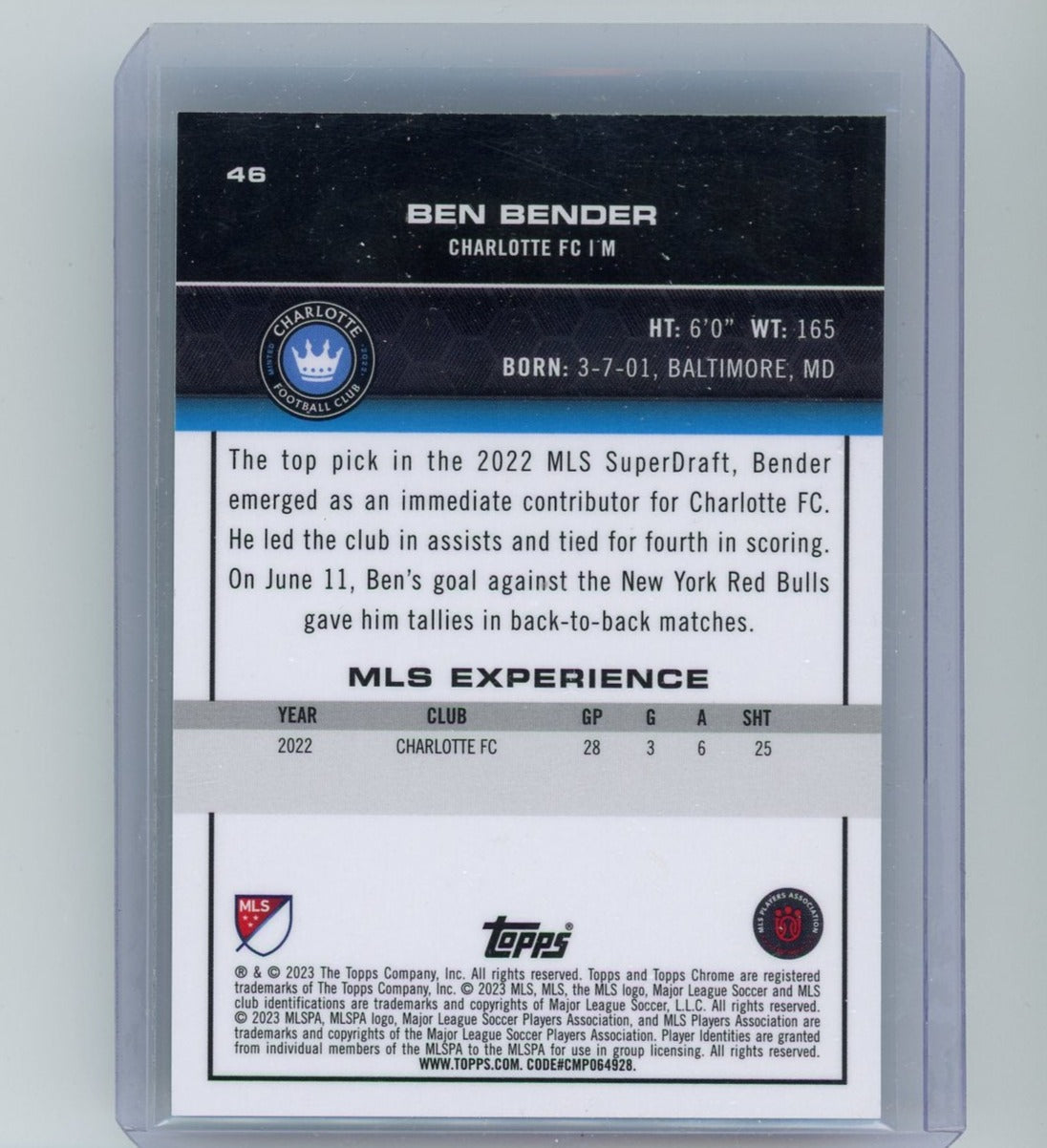 Ben Bender 2023 Topps Chrome MLS neon green refractor rookie card #'d 48/99