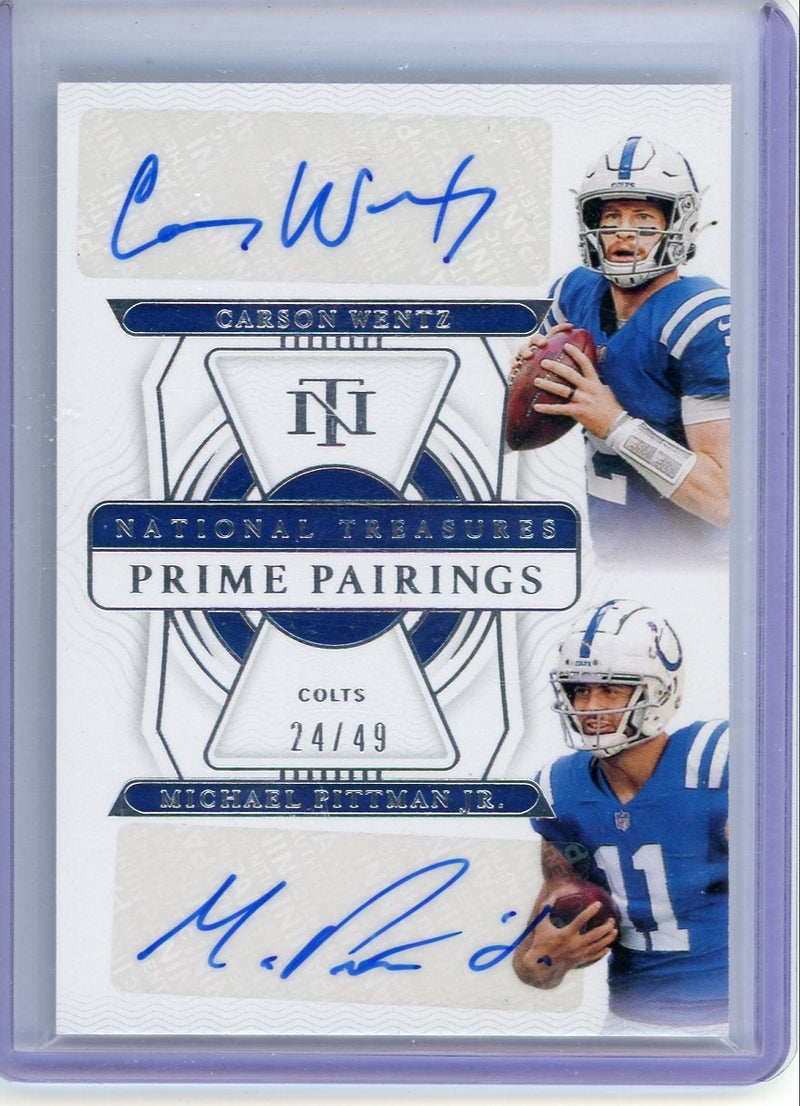 Carson Wentz Michael Pittman Jr. 2021 Panini National Treasures Prime Pairings dual auto 