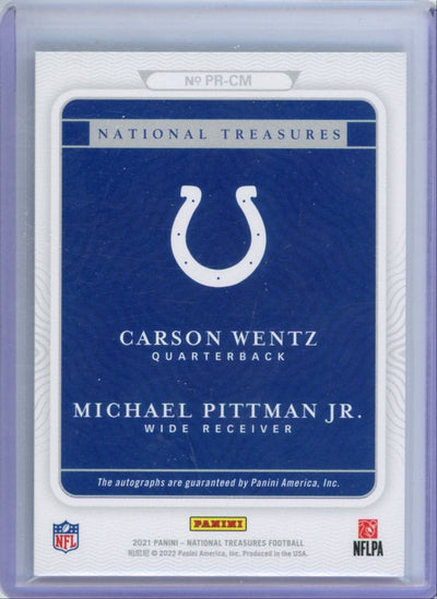 Carson Wentz Michael Pittman Jr. 2021 Panini National Treasures Prime Pairings dual auto #'d 24/49