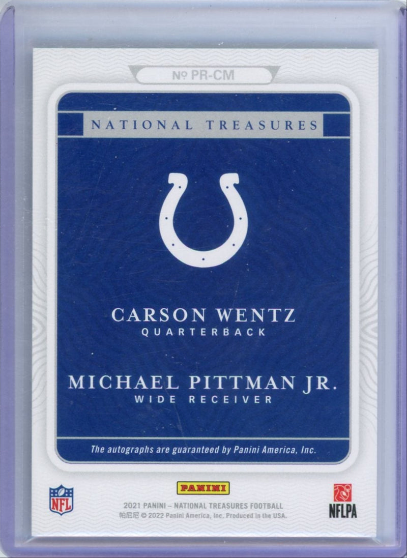 Carson Wentz Michael Pittman Jr. 2021 Panini National Treasures Prime Pairings dual auto 