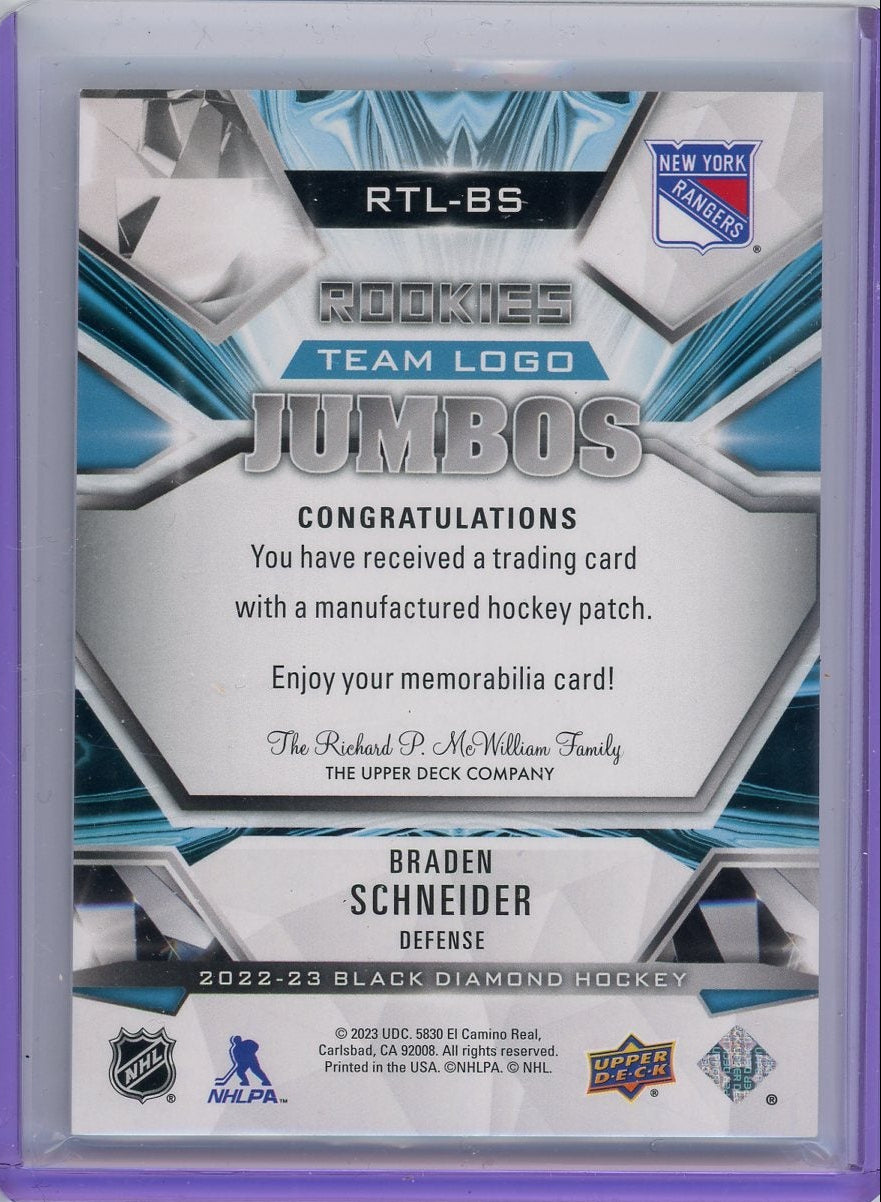 Braden Schneider 2022-23 Upper Deck Black Diamond Rookies Team Logo Jumbos relic