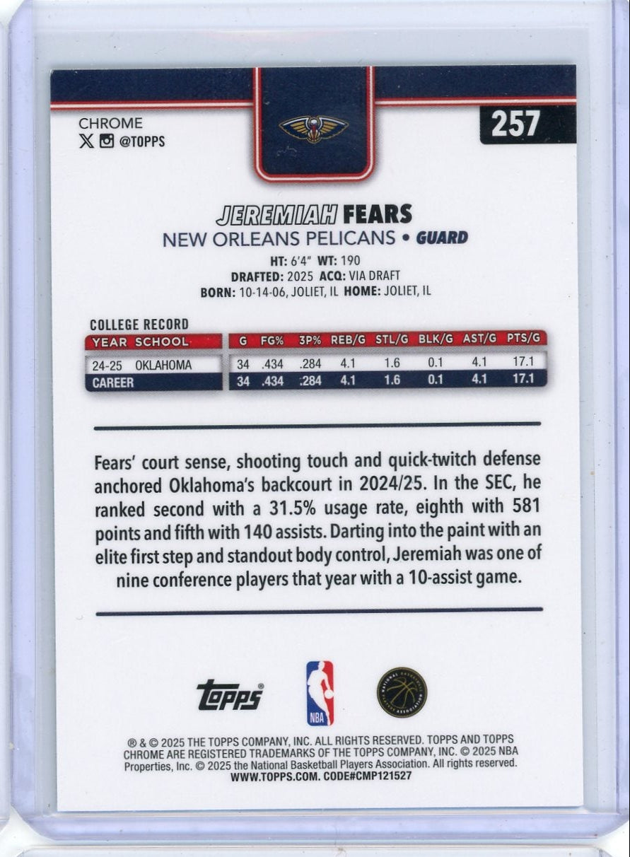 Jeremiah Fears 2025-26 Topps Chrome aqua ref. rookie card #'d 096/199