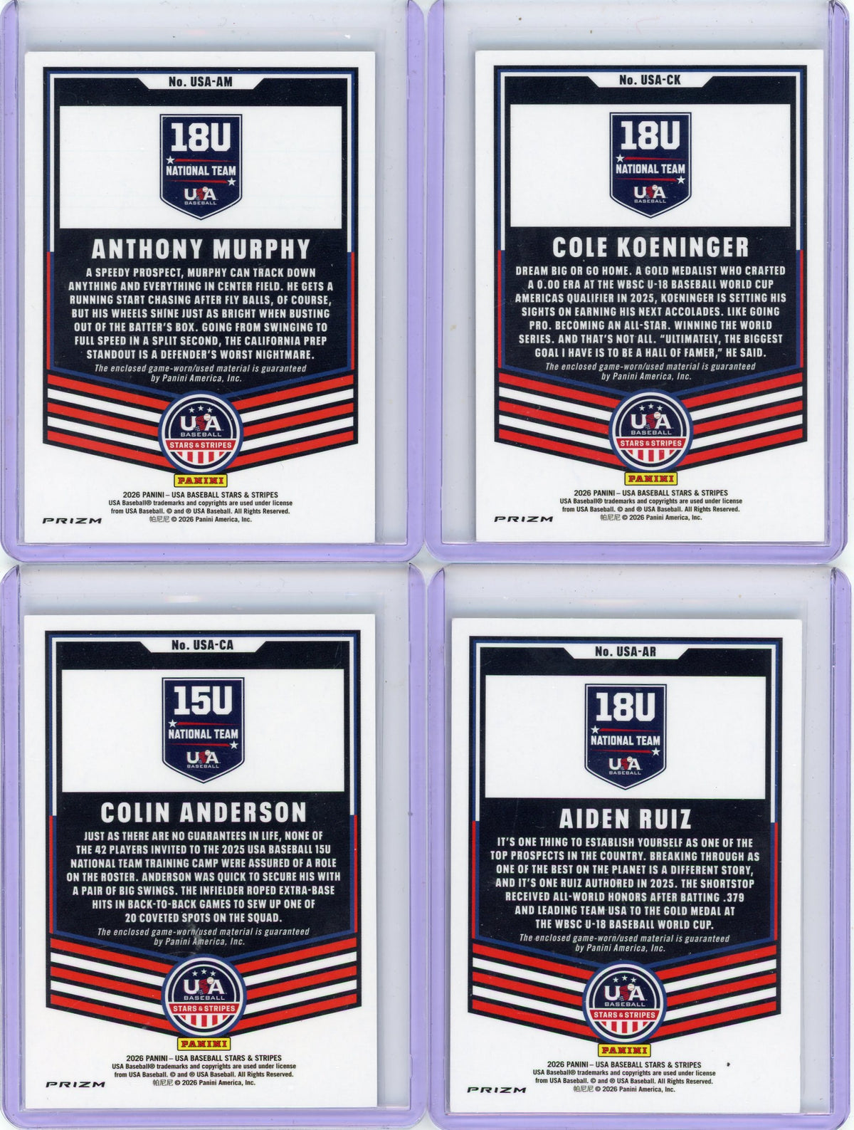 Cole Koeninger/Anthony Murphy/Aiden Ruiz/Colin Anderson 2026 Panini USA Baseball Stars & Stripes USA Materials Jersey Relic 4-card Lot