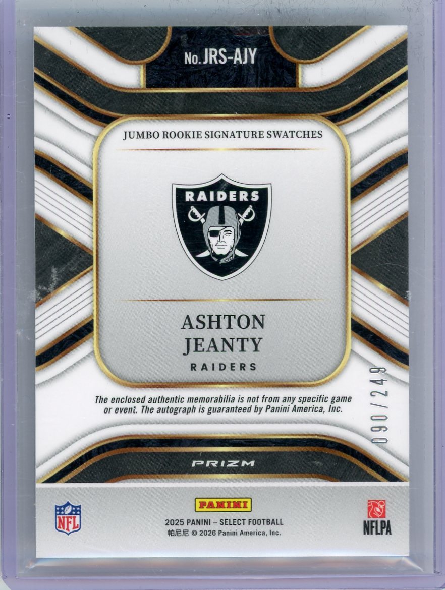 Ashton Jeanty 2025 Panini Select Jumbo Rookie Signature Swatches RPA #'d 090/249