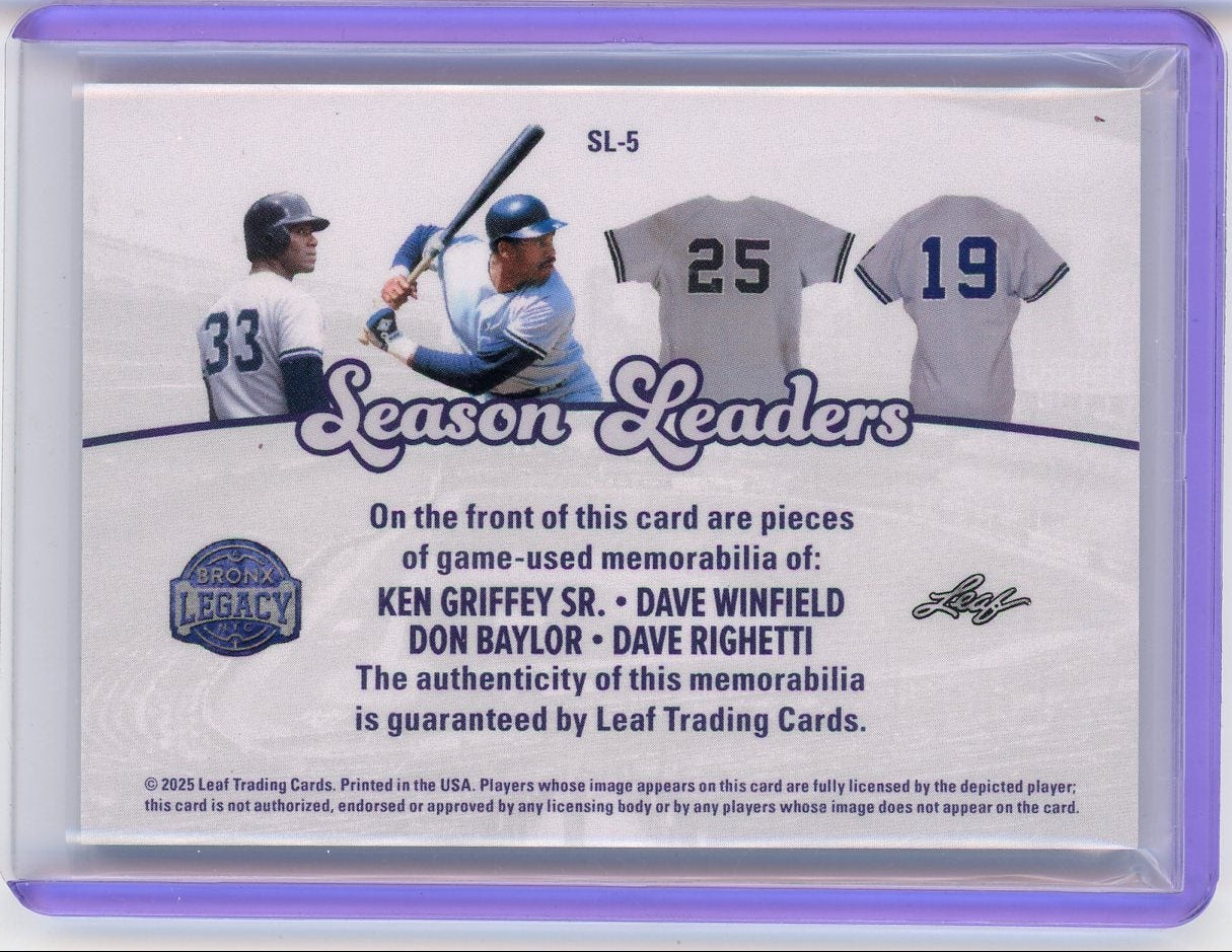2025 Leaf Season Leaders Bronx Legacy Quad-Memorabilia Ken Griffey Sr., Dave Winfield, Don Baylor, Dave Righetti #'d 1/2