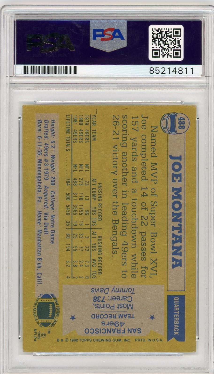 Joe Montana 1982 Topps NFC All Pro Autographed PSA Auto Grade 10