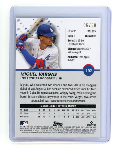 Miguel Vargas 2023 Topps Pristine gold #'d 06/50 rookie card