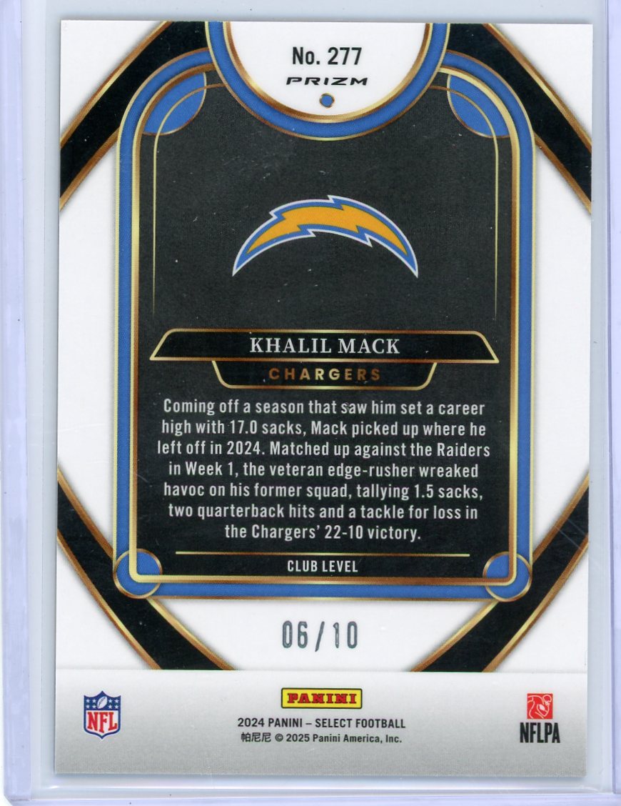 Khalil Mack 2024 Select Club Level Gold Shock #'d 06/10