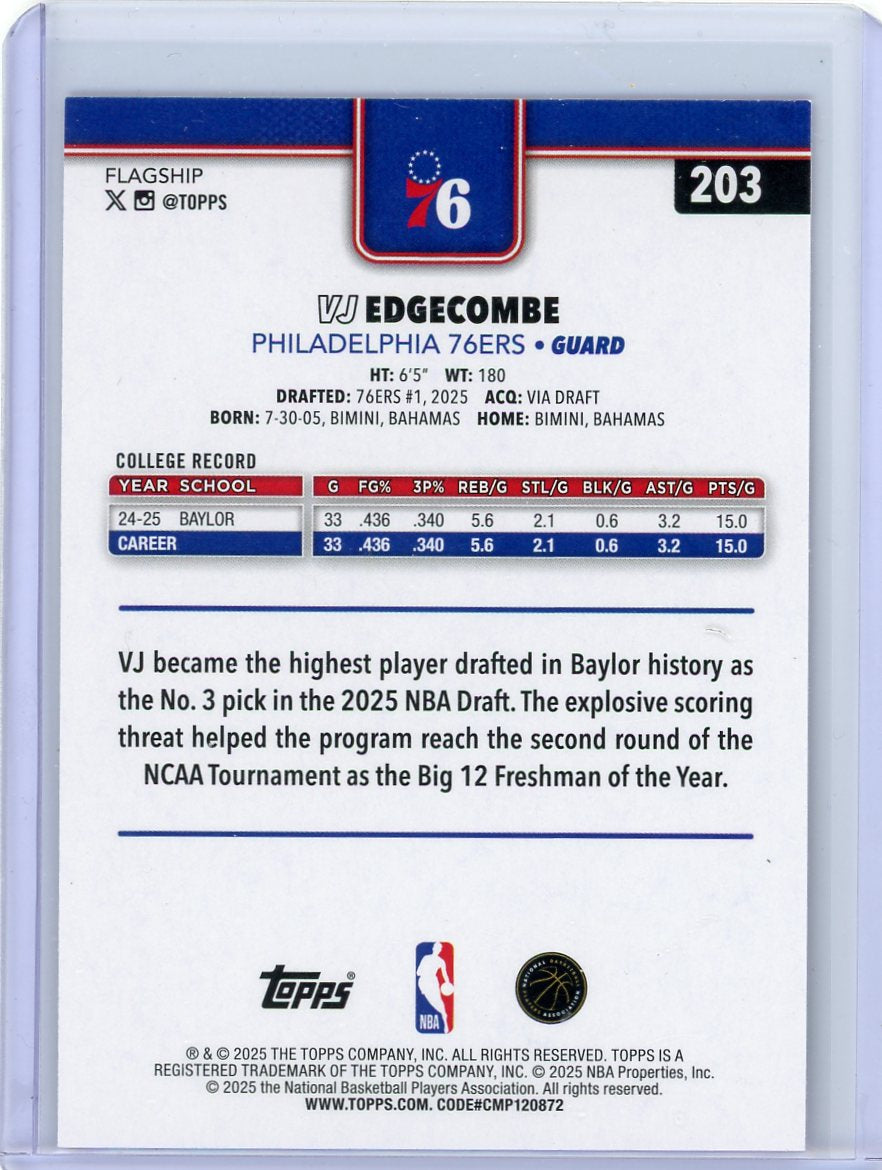 VJ Edgecombe 2025-26 Topps #203 Pink Holo Foil SP RC