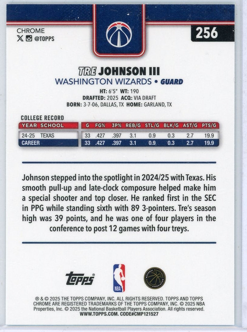Tre Johnson III 2025-26 Topps Chrome aqua raywave ref. RC #'d 061/199