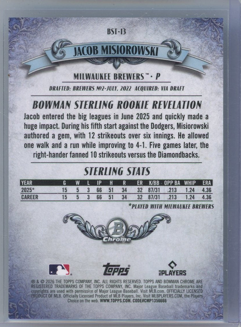 Jacob Misiorowski 2026 Bowman Chrome Bowman Sterling green mojo ref. RC #'d 91/99