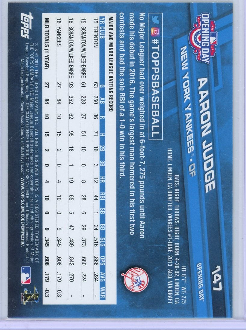 Aaron Judge 2017 Topps Opening Day Rookie Card #147