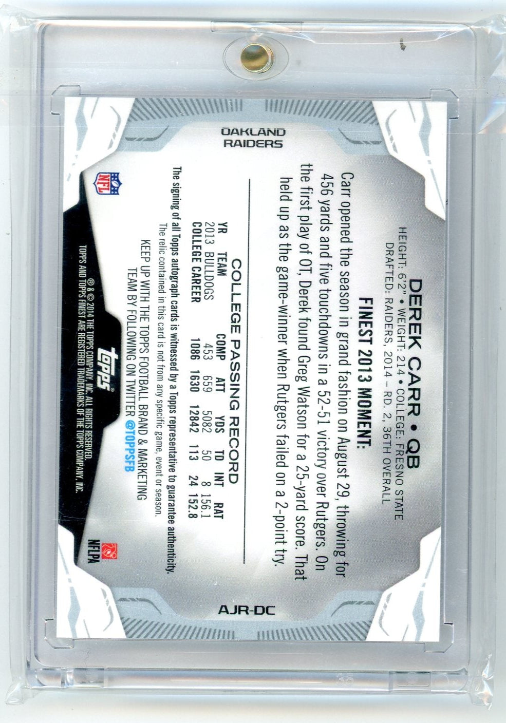 Derek Carr 2014 Finest Jumbo Jersey Autographs Refractors RC