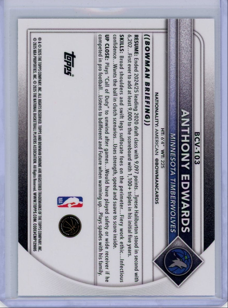 Anthony Edwards 2025-26 Bowman Chrome aqua mojo ref. #'d 019/125