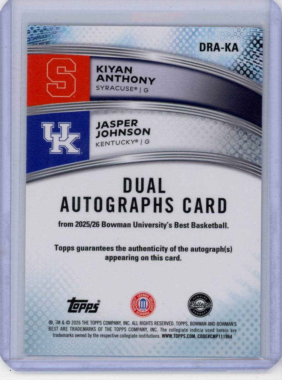 Kiyan Anthony Jasper Johnson 2025-26 Bowman University Best dual autograph red ref. #'d 5/5